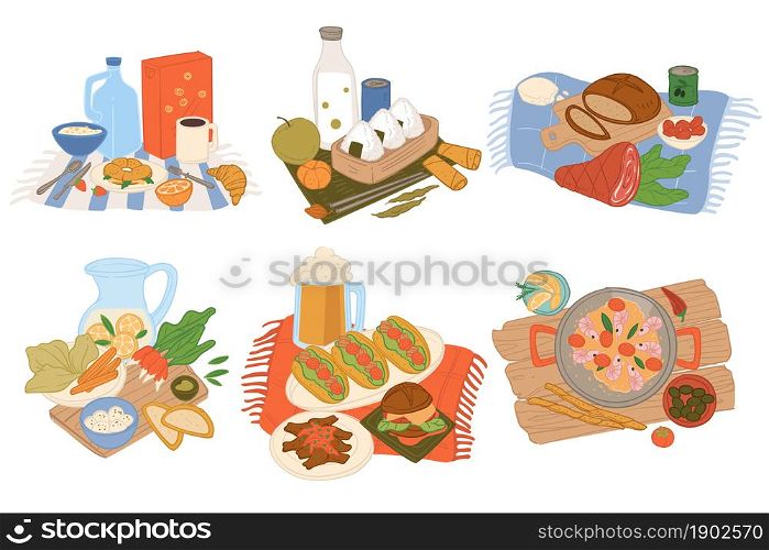 American and mexican, italian and japanese cuisine food served on table. Burger and beer, taco and soup, onigiri rice and cheese. Eating dishes in restaurant or diner cafe. Vector in flat style. Served food, meals of different countries and type