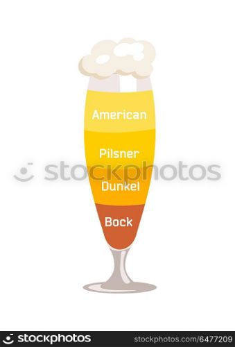 American, and Pilsner Beer Vector Illustration. American and dunkel, pilsner and bock which are beer types with foam of different color isolated on vector illustration on white background.