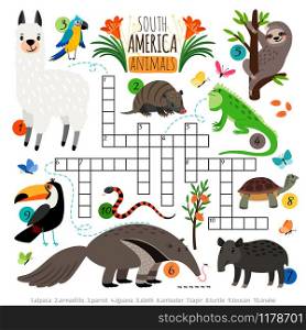 American animals crossword. South America kids cross word search puzzle game with llama and toucan, anteater and sloth, vector illustration. American animals crossword