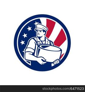 American Artisan Cheese Maker USA Flag Icon. Icon retro style illustration of an American artisan cheesemaker or cheese maker holding Parmesan cheese with United States of America USA star spangled banner or stars and stripes flag in circle.. American Artisan Cheese Maker USA Flag Icon