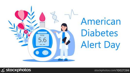 American Association Diabetes Alert Day concept vector in flat style. Event is observed annually on the fourth Tuesday in March. Doctor and glucose meter are shown. American Association Diabetes Alert Day concept vector in flat style. Event is observed annually on the fourth Tuesday in March. Doctor and glucose meter