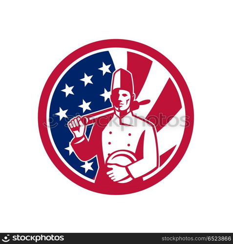 American Baker USA Flag Icon. Icon retro style illustration of an American chef or cook holding a rolling pin and plate with United States of America USA star spangled banner stars and stripes flag in circle isolated background.. American Baker USA Flag Icon