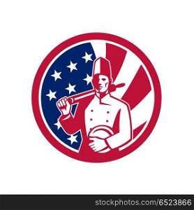 American Baker USA Flag Icon. Icon retro style illustration of an American chef or cook holding a rolling pin and plate with United States of America USA star spangled banner stars and stripes flag in circle isolated background.. American Baker USA Flag Icon