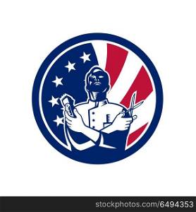 American Barber USA Flag Icon. Icon retro style illustration of an American barber with scissors and hair trimmer with United States of America USA star spangled banner or stars and stripes flag inside circle isolated background.. American Barber USA Flag Icon