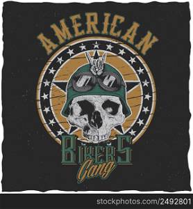 American bikers gang poster design with skull in motorcycle helmet or bandanna vector illustration