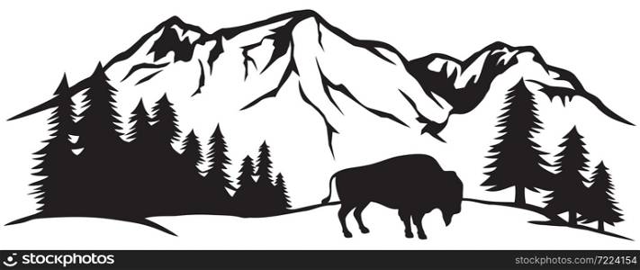 American bison (buffalo) and mountain landscape vector illsutration