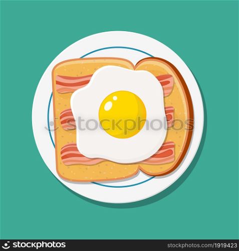 American breakfast food top view toasted bread fried egg and bacon on plate. Vector illustration in flat style. American breakfast food