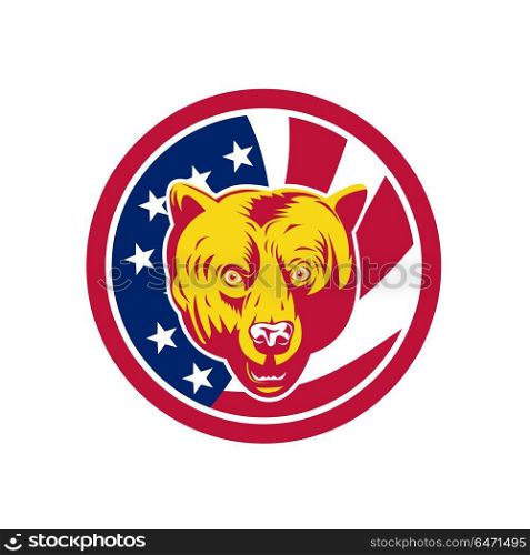 American Brown Bear USA Flag Icon. Icon retro style illustration of an American brown bear or California grizzly head with United States of America USA star spangled banner or stars and stripes flag inside circle isolated background.. American Brown Bear USA Flag Icon