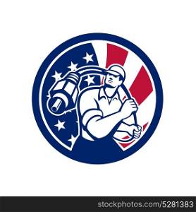 American Cable Installer USA Flag Icon. Icon retro style illustration of American cable installer guy holding RCA plug cable with United States of America USA star spangled banner or stars and stripes flag inside circle isolated background.. American Cable Installer USA Flag Icon