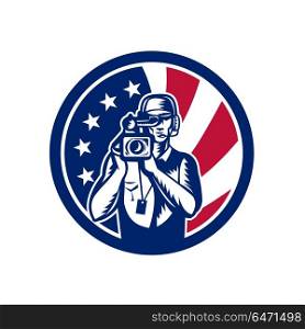 American Cameraman USA Flag Icon. Icon retro style illustration of an American cameraman or camera operator for motion pictures, film or television with United States of America USA star spangled banner flag inside circle.. American Cameraman USA Flag Icon