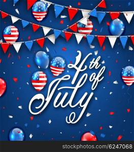 American Celebration Background for Independence Day 4th July. Illustration American Celebration Background for Independence Day 4th July. Poster with Balloons and Bunting. Traditional Colors. Lettering Text - Vector
