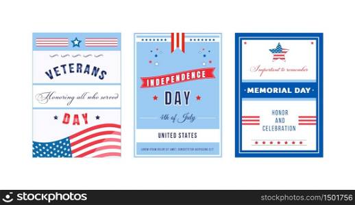 American celebration day poster flat vector templates set. Independence Day. Brochure, booklet pages concept designs pack. National US holiday flyer, leaflets collection. American celebration day poster flat vector templates set