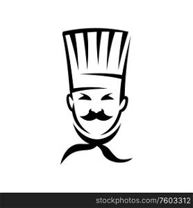 American chef cook or baker in high hat isolated man. Vector restaurant kitchener with moustache and tie. Chef cook or american baker in hat
