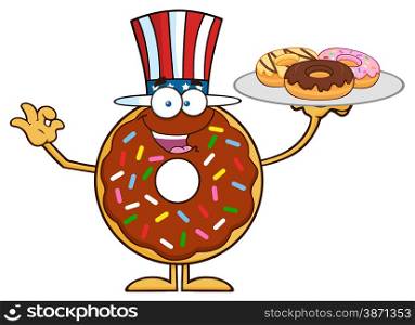 American Chocolate Donut Cartoon Character Serving Donuts