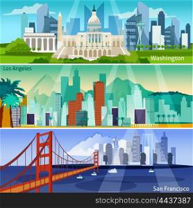 American Cityscapes Banners Set. American Cityscapes Flat Concept. USA Sights Horizontal Banners. US Cities Vector Illustration. America And Cities Isolated Set. American Cityscapes Design Symbols.