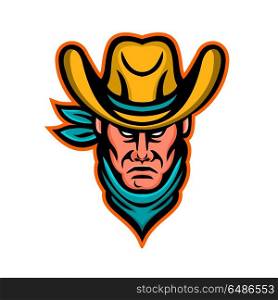 American Cowboy Sports Mascot. Mascot icon illustration of head of an American cowboy wearing kerchief and hat viewed from front on isolated background in retro style.. American Cowboy Sports Mascot