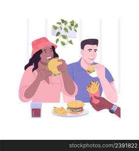 American cuisine isolated cartoon vector illustrations. Smiling couple having fun and eating out burgers and french fries in a cafe together, junk food addiction, hanging out vector cartoon.. American cuisine isolated cartoon vector illustrations.