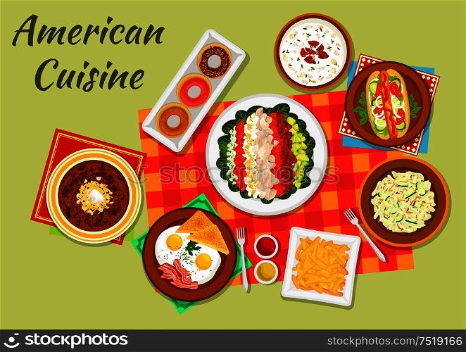 American cuisine typical dinner sign with hot dog, french fries, eggs with bacon and toast, vegetable cobb salad, glazed donut, bacon chowder soup, cucumber salad and baked beans with bacon. Typical dishes of american cuisine dinner icon