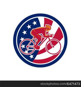 American Cyclist Cycling USA Flag Icon. Icon retro style illustration of an American cyclist cycling riding racing road bicycle viewed from side with United States of America USA star spangled banner or stars and stripes flag inside circle.. American Cyclist Cycling USA Flag Icon