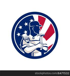 American DIY Expert USA Flag Icon. Icon retro style illustration of an American DIY Expert, handyman, carpenter, DIYer or renovator with tools United States of America USA star spangled banner or stars and stripes flag inside circle.. American DIY Expert USA Flag Icon