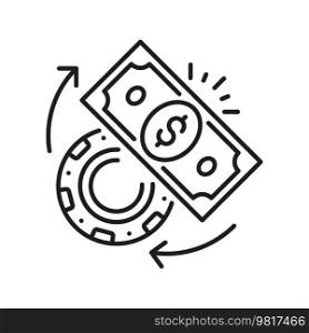 American dollar and coin, empty golden money sign, cash or treasure exchange outline icon. Vector jackpot win, money changing on stacks. American dollar and coin, empty golden money sign