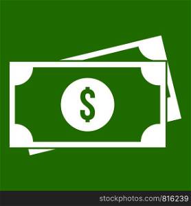 American dollars icon white isolated on green background. Vector illustration. American dollars icon green