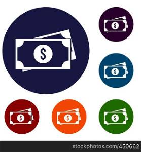 American dollars icons set in flat circle reb, blue and green color for web. American dollars icons set