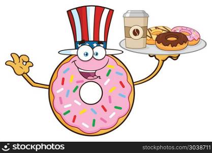 American Donut Cartoon Mascot Character Serving Donuts. Vector Illustration Isolated On White Background