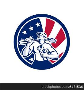 American Drainlayer USA Flag Icon. Icon retro style illustration of an American drainlayer, drainage specialist, construction worker holding shovel pipe with United States of America USA star spangled banner or stars and stripes flag.. American Drainlayer USA Flag Icon
