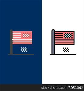 American Dream, Collapse, Decline, Fall, Flag Icons. Flat and Line Filled Icon Set Vector Blue Background