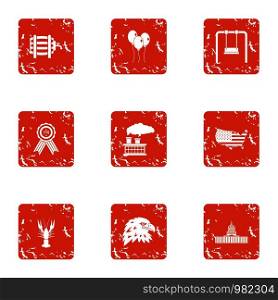American dream icons set. Grunge set of 9 american dream vector icons for web isolated on white background. American dream icons set, grunge style