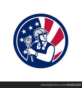 American Engineer USA Flag Icon. Icon retro style illustration of an American mechanical engineer holding a spanner with United States of America USA star spangled banner or stars and stripes flag inside circle isolated background.. American Engineer USA Flag Icon