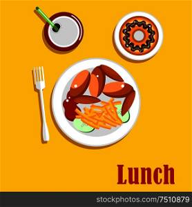 American fast food lunch menu elements with chicken wings, french fries, served on a plate with ketchup and sliced fresh cucumber vegetable, chocolate frosted doughnut and sweet soda with drinking straw. Flat style. American fast food lunch menu elements