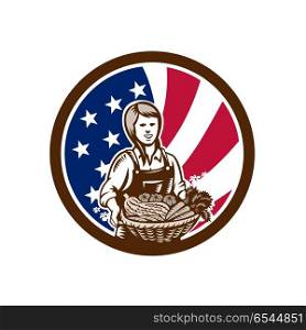 American Female Organic Farmer USA Flag Icon . Icon retro style illustration of an American female organic farmer presenting crop harvest with United States of America USA star spangled banner stars and stripes flag in circle isolated background.. American Female Organic Farmer USA Flag Icon