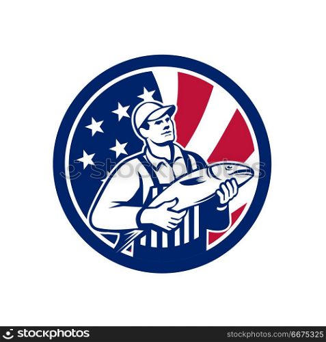 American Fishmonger Union Jack Flag Mascot. Icon retro style illustration of an American fishmonger selling fish with United States of America USA star spangled banner or stars and stripes flag inside circle isolated background.. American Fishmonger Union Jack Flag Mascot