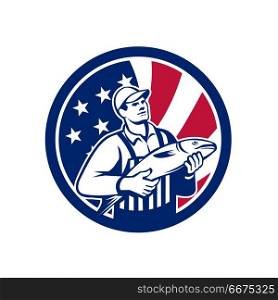 American Fishmonger Union Jack Flag Mascot. Icon retro style illustration of an American fishmonger selling fish with United States of America USA star spangled banner or stars and stripes flag inside circle isolated background.. American Fishmonger Union Jack Flag Mascot