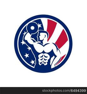 American Fitness Gym USA Flag Icon. Icon retro style illustration of an American fitness gym showing a bodybuilder lifting dumbbell with United States of America USA star spangled banner or stars and stripes flag inside circle.. American Fitness Gym USA Flag Icon