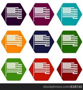 American flag icon set many color hexahedron isolated on white vector illustration. American flag icon set color hexahedron