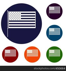 American flag icons set in flat circle reb, blue and green color for web. American flag icons set