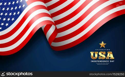 American flag waving, independence day banner design, on dark blue background, vector illustration