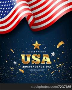 American flag waving, independence day golden text usa design, on dark blue background, vector illustration