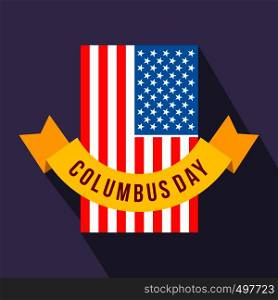 American flag with Columbus Day ribbon flat icon on a violet background. American flag with Columbus Day ribbon flat icon