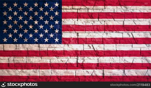 American flag with gray stone wall tiles texture. Texture of old poster back with us flag. Web banner template for industrial design. Vector