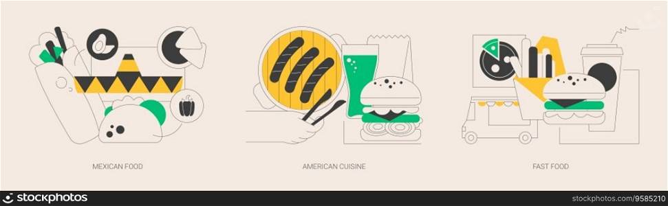 American food abstract concept vector illustration set. Mexican and american cuisine, fast food, burrito recipe, barbecue dish, homemade grill, burger and pizza, snack menu abstract metaphor.. American food abstract concept vector illustrations.
