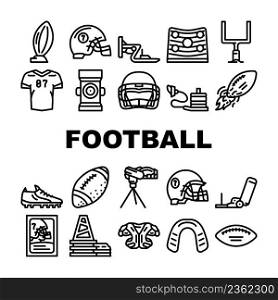 American Football Accessories Icons Set Vector. American Football Ball And Gate, Player Protective Helmet And Shoulder Pads, Jersey And Boots Footwear. Sport Game Equipment Black Contour Illustrations. American Football Accessories Icons Set Vector
