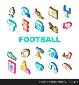American Football Accessories Icons Set Vector. American Football Ball And Gate, Player Protective Helmet And Shoulder Pads, Jersey And Boots Footwear. Sport Game Isometric Sign Color Illustrations. American Football Accessories Icons Set Vector