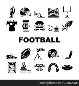 American Football Accessories Icons Set Vector. American Football Ball Gate, Player Protective Helmet Shoulder Pads, Jersey Boots Footwear. Sport Game Equipment Glyph Pictograms Black Illustration. American Football Accessories Icons Set Vector