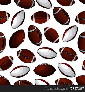 American football and rugby balls seamless pattern of classic leather balls with colorful stripes and lacings over white background. Great for sporting competition theme or fabric design usage. American football and rugby balls seamless pattern