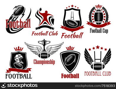 American football and rugby sporting badges of balls, player, trophy cup, goal post frames and helmet, supplemented by heraldic shields, wreath and ribbon banners, stars, wings and crowns. American football heraldic sports badges