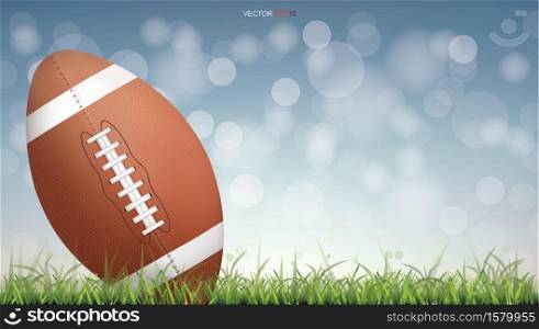 American football ball or rugby football ball on green grass court with light blurred bokeh background. Vector illustration.